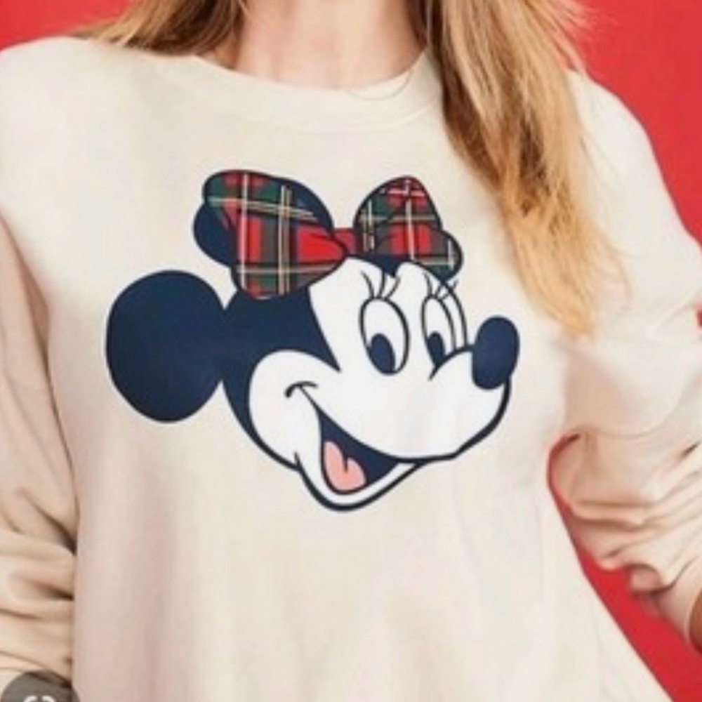 Old Navy Cream Disney Graphic Sweatshirt with Plaid Accent Minnie sz L